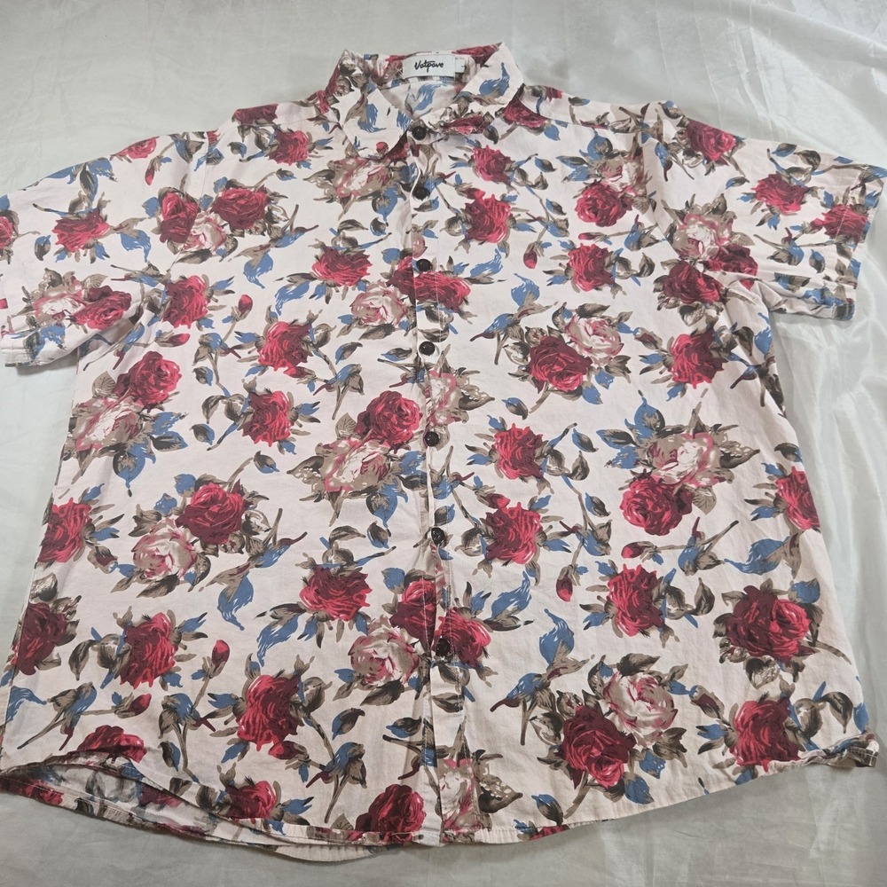 VatPave Mens Floral Button Up Shirt Short Sleeve 100% Cotton Rose Print Casual